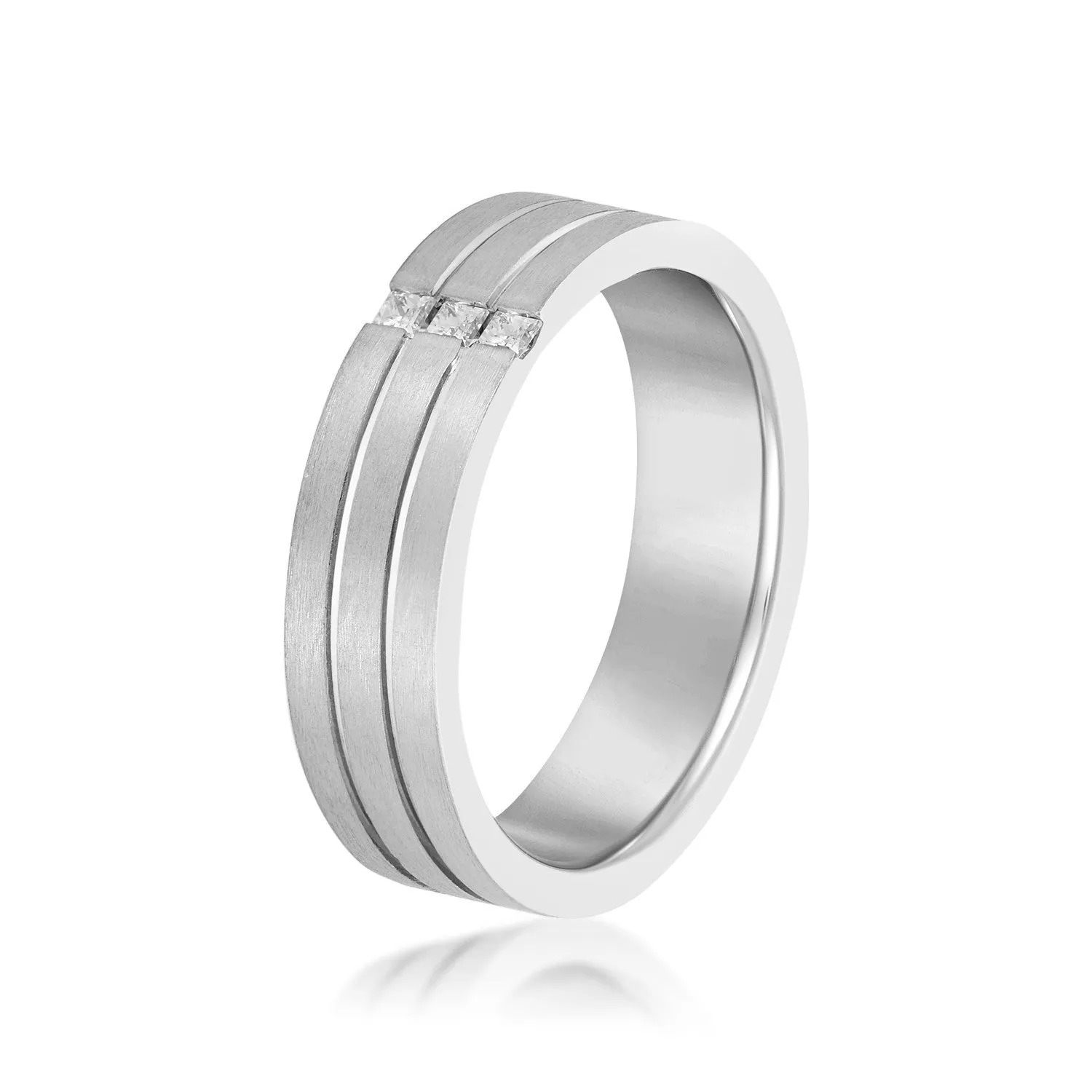 14K White Gold Men's 6MM Wedding Ring With Vertical Princess Cut Channel Set Diamonds (.10ctw)