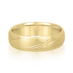 14K Yellow Gold Men's 6MM Domed Wedding Ring With Brushed Finish And Engraving Details