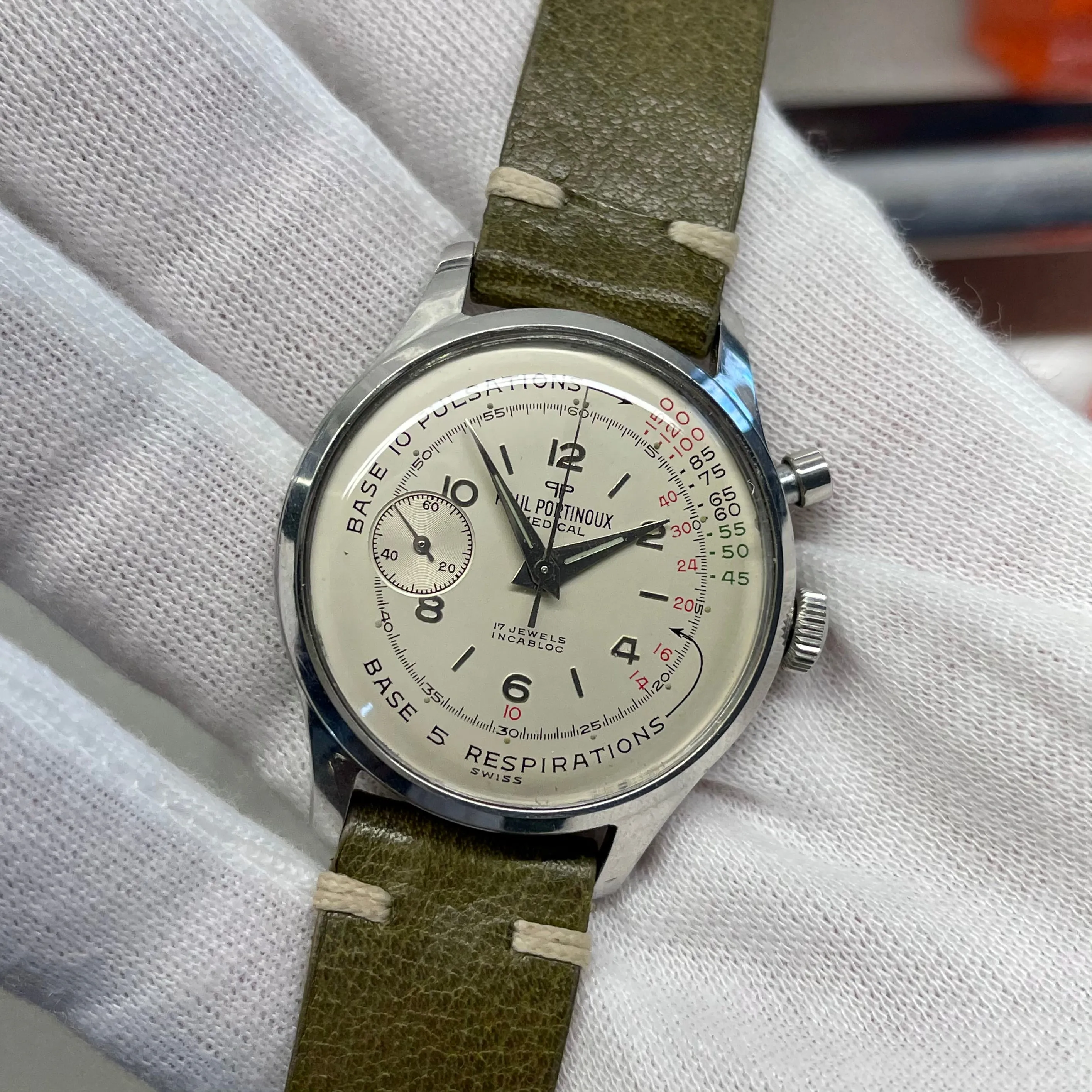 1960s Vintage Paul Portinoux Medical Pulsations Chronograph Single Button Valjoux 22 Steel Wristwatch