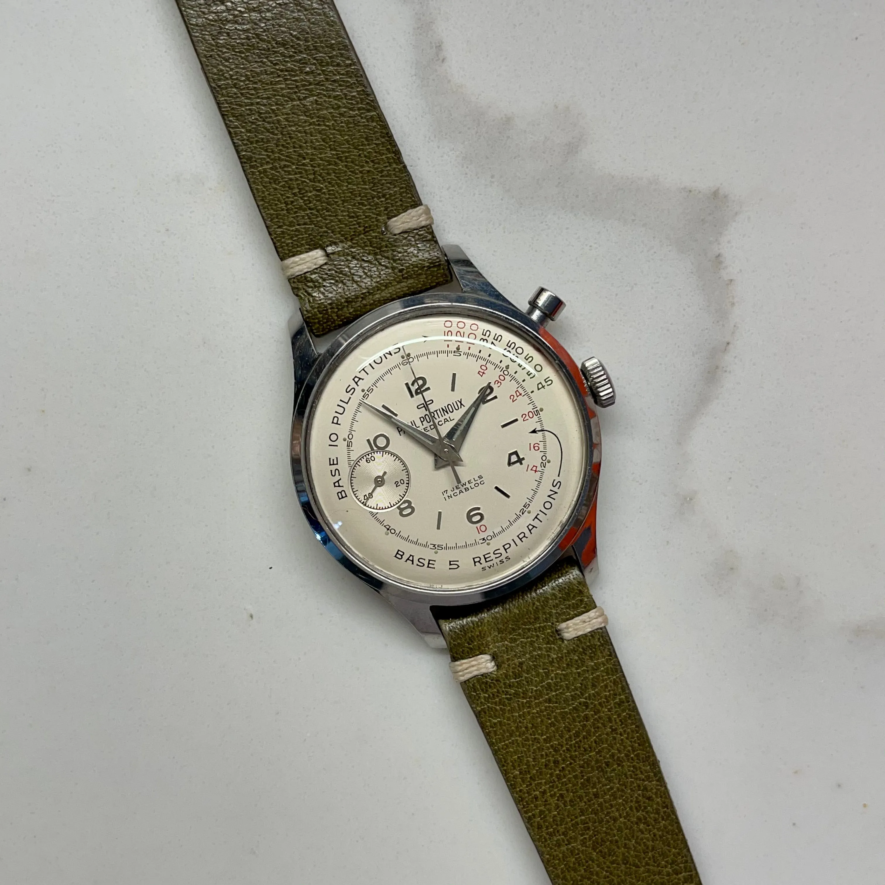 1960s Vintage Paul Portinoux Medical Pulsations Chronograph Single Button Valjoux 22 Steel Wristwatch