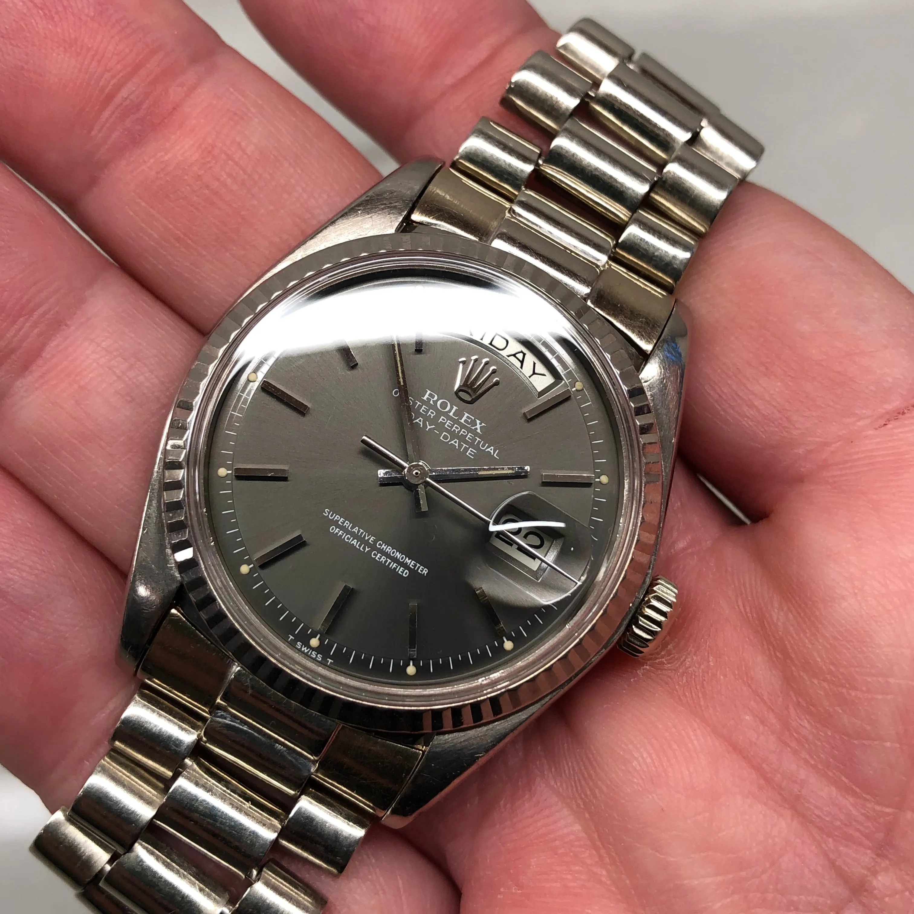 1976 Rolex President 1803 Day Date 18K White Gold Gray Dial Automatic Wristwatch