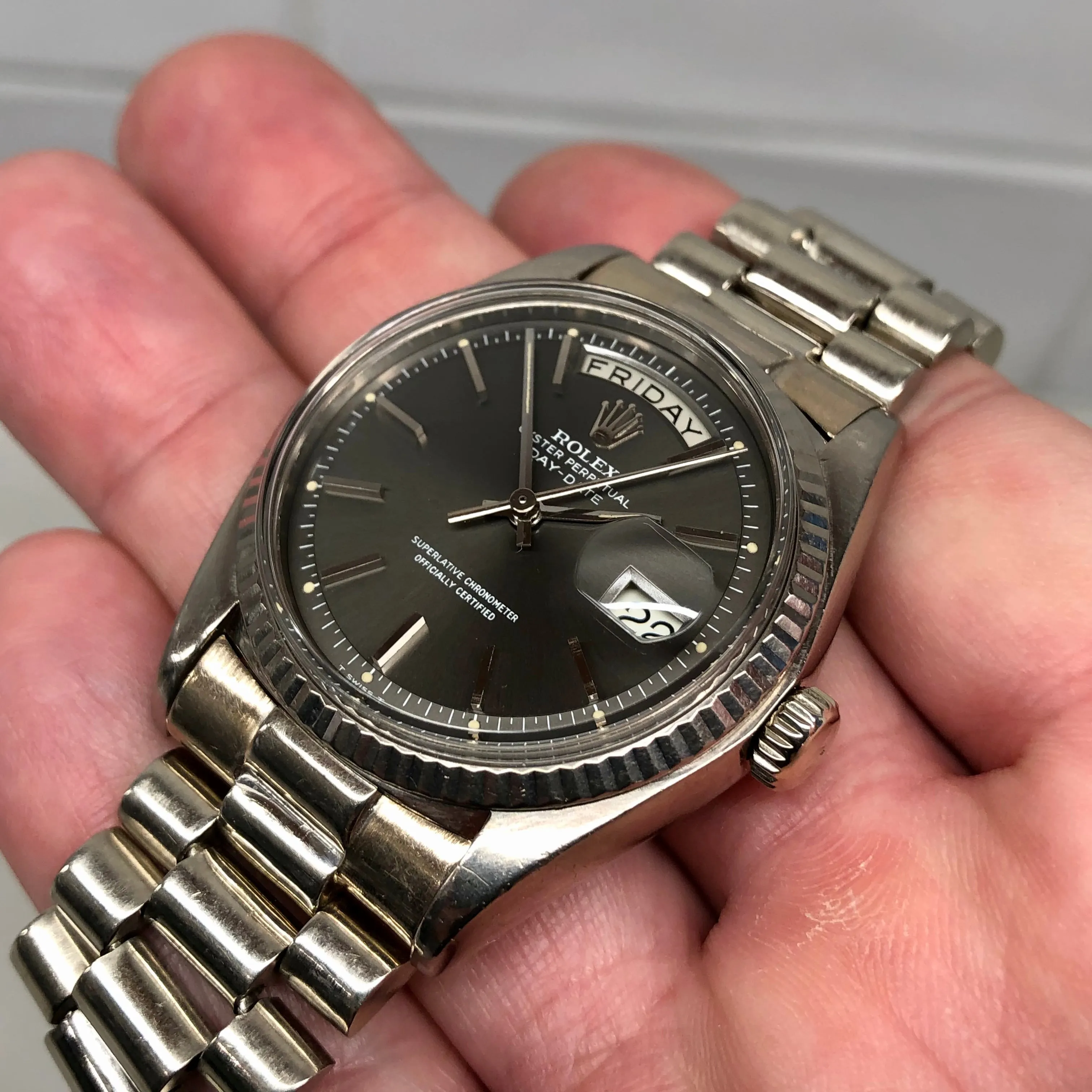 1976 Rolex President 1803 Day Date 18K White Gold Gray Dial Automatic Wristwatch