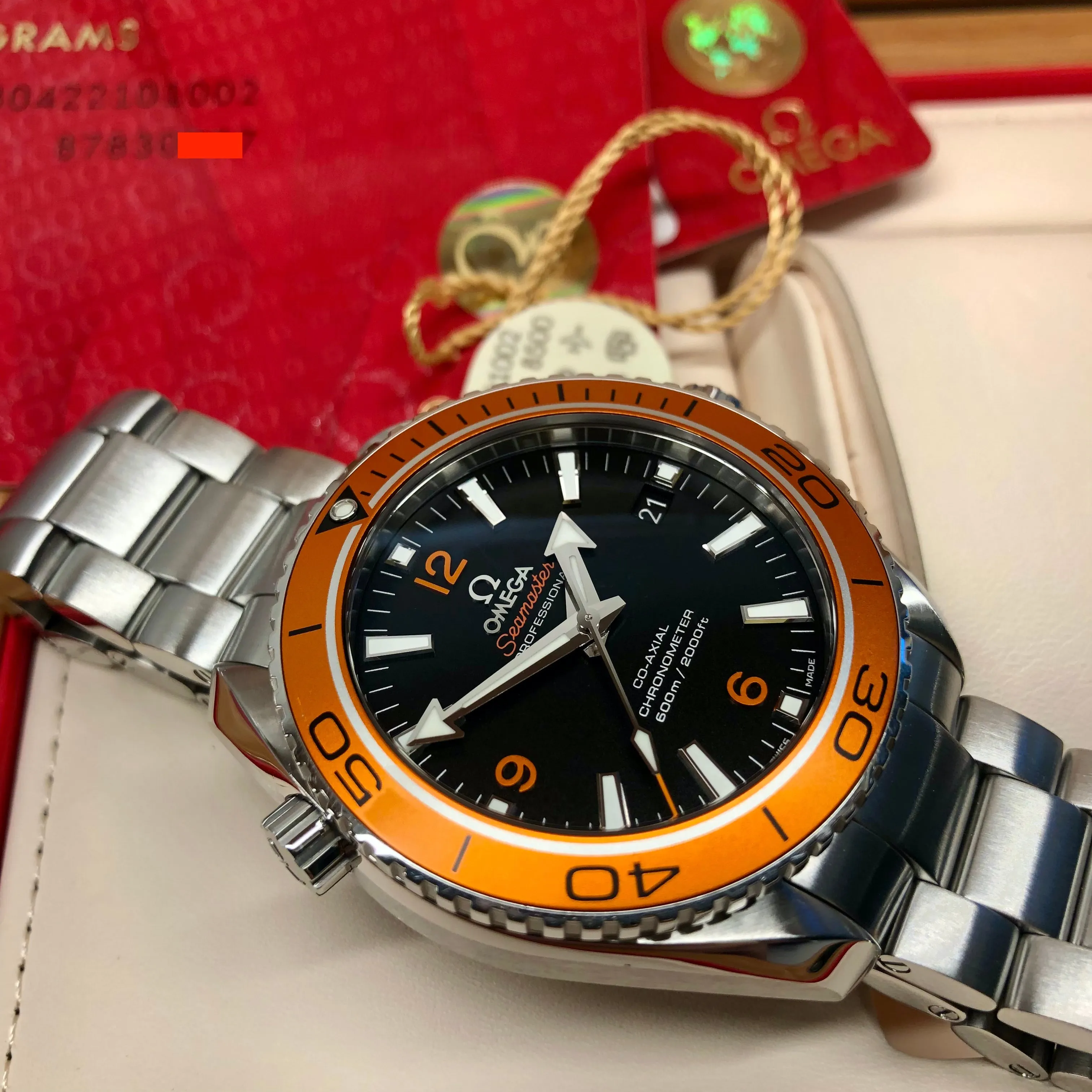 2018 Omega Planet Ocean 600M Seamaster 232.30.42.21.01.002 Steel Co-Axial 42mm Orange Bezel Box Papers