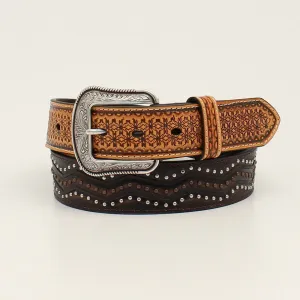 3-D Belts Tan/Brown Tooled Men's Belt with Silver/Copper Studs