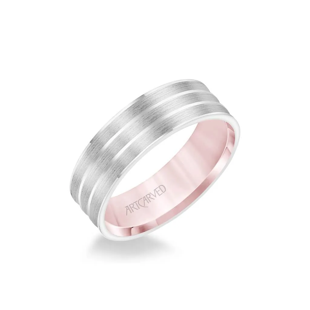 6.5MM Men's Wedding Band - Brush Finish with Polished Cuts with Yellow Gold Interior and Flat Edge