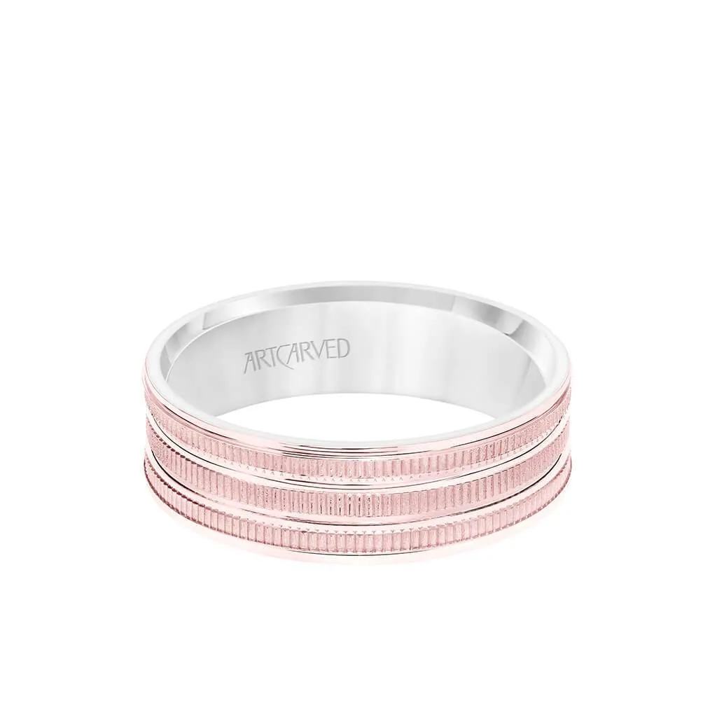 6.5MM Men's Wedding Band - Yellow Gold Coin Finish with Flat Cuts with White Gold Interior and Flat Edge