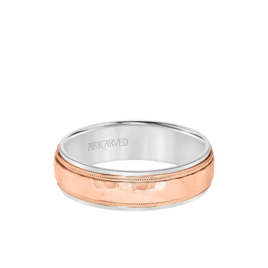 6MM Men's Classic Two Tone Wedding Band - Hammered Finish with Milgrain Detail and Step Edge