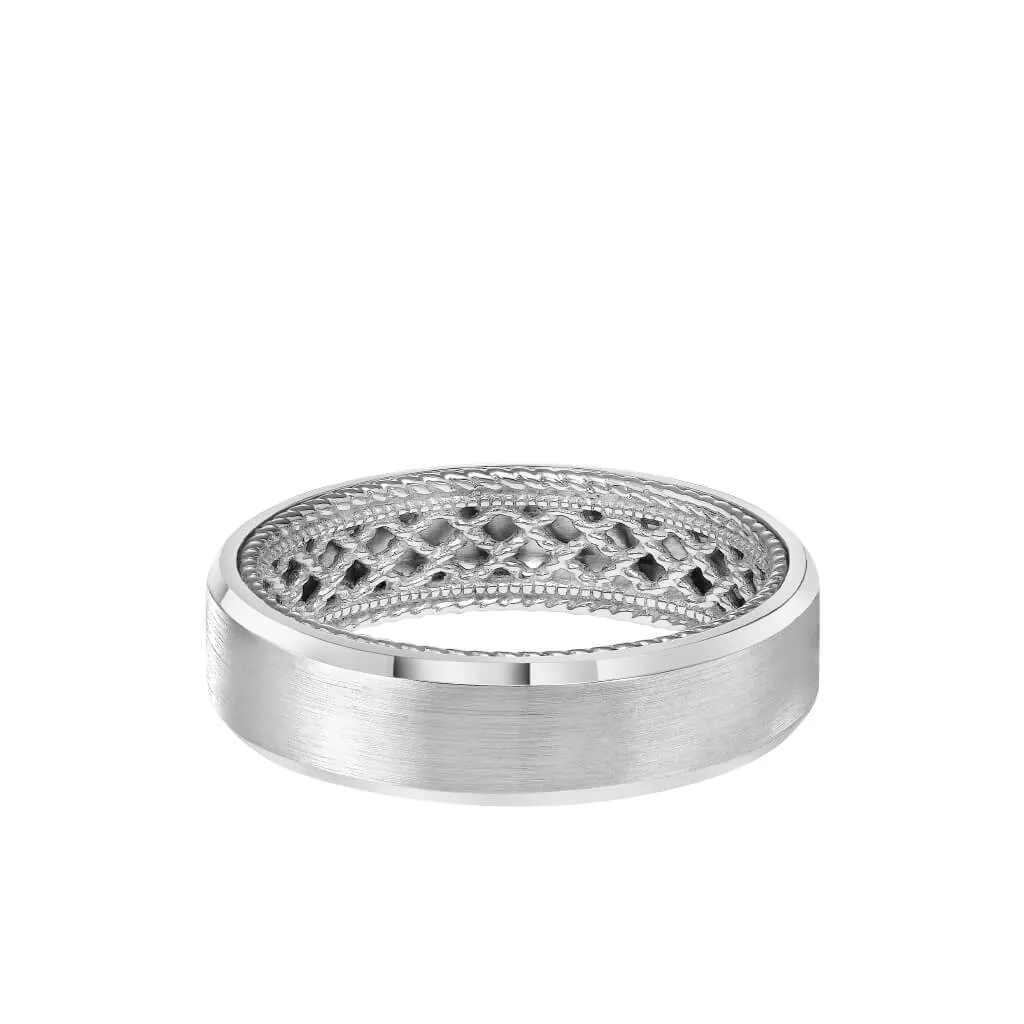 6MM Men's Contemporary Wedding Band - Satin Finish and Bevel Edge with Inside Net Pattern with Rope Edge