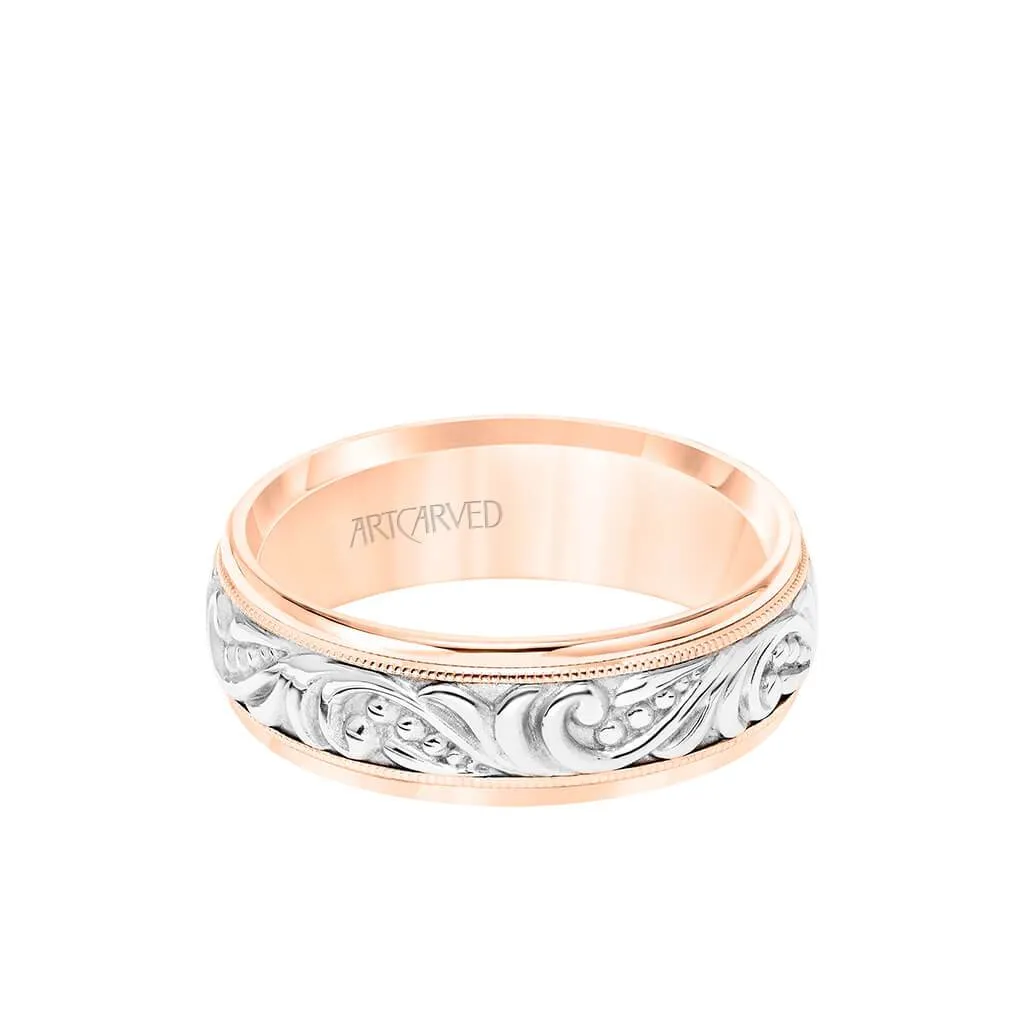 7MM Men's Wedding Band - Engraved Paisley Design with Milgrain Detail and Round Edge