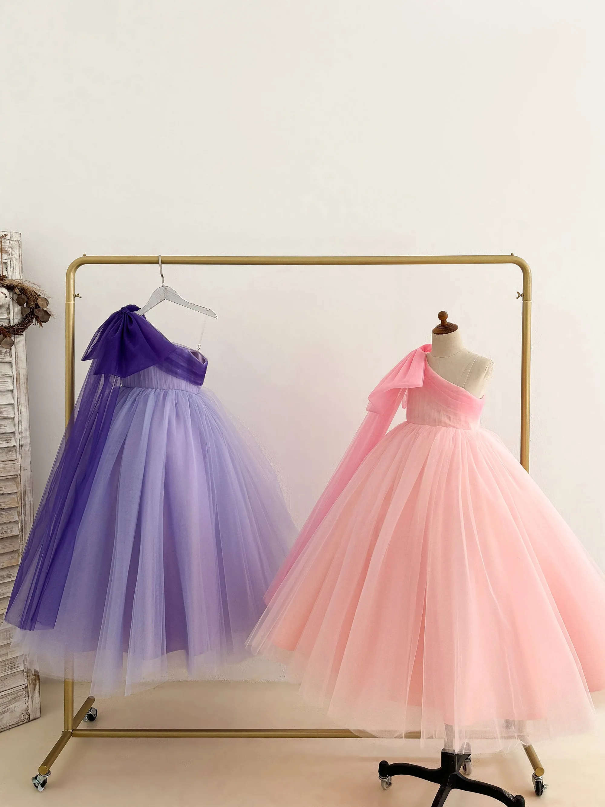 Ball Gown One Shoulder Draping Pink Tulle Wedding Flower Girl Dress