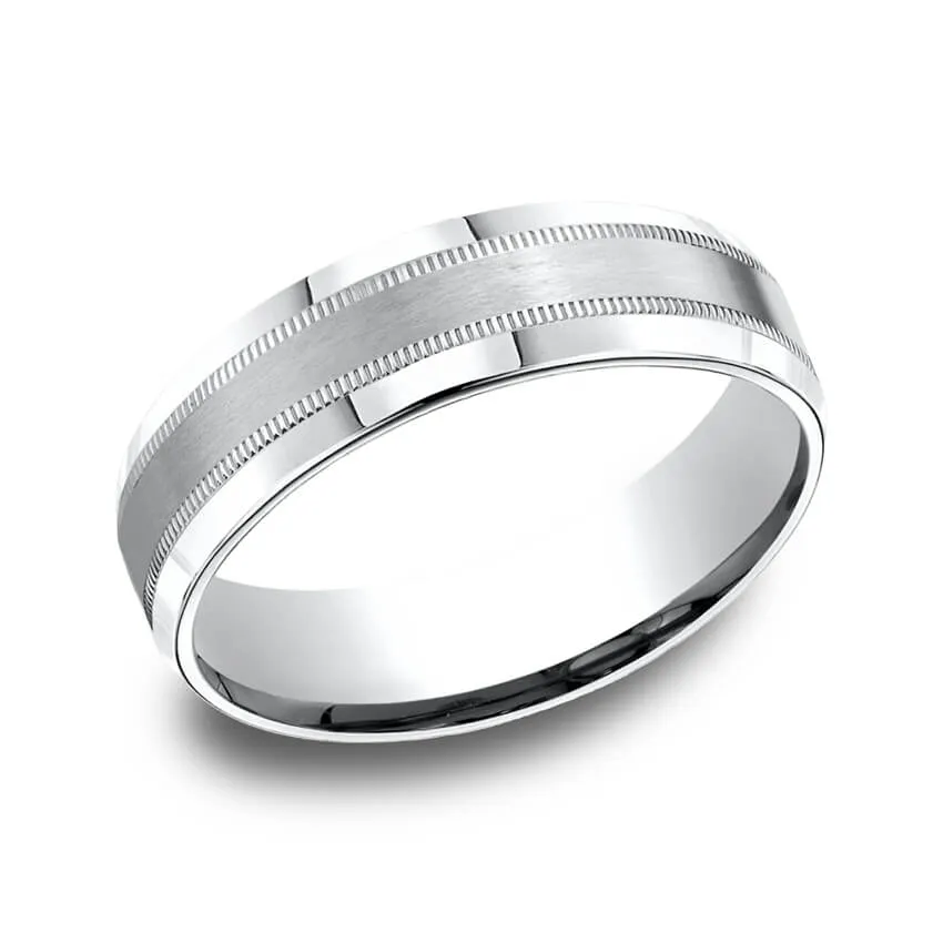 Benchmark 14K White Gold Milgrain Satin Center Men's Wedding Band CF6643814KW