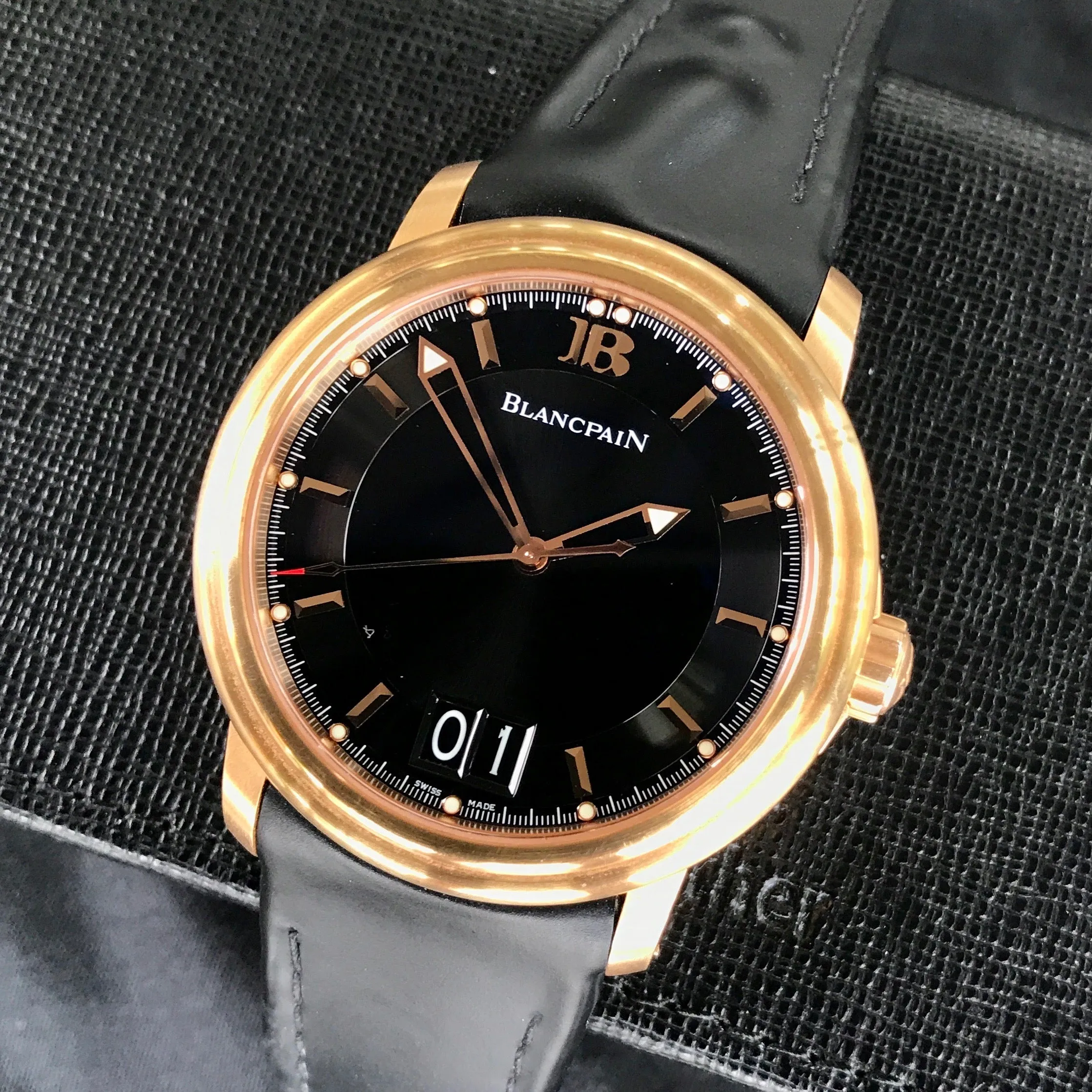 Blancpain Leman Serie Limitee Big Date 2850 18K Rose Gold Rubber Automatic Black Wristwatch