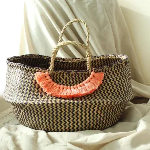 Borneo Extra Wide Zig-zag Belly basket - with Champagne Pink Tassels
