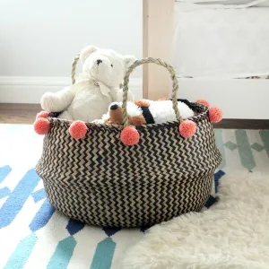 Borneo Extra Wide Zig-zag Belly basket - with Salmon Pom-poms