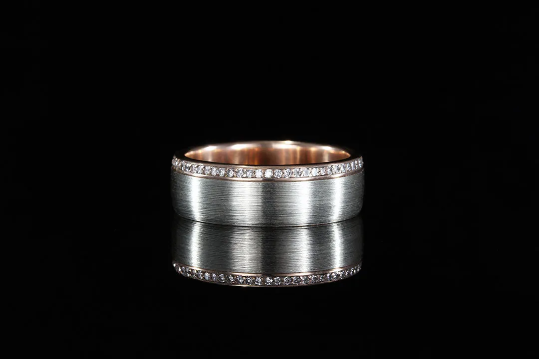 BRUSHED WHITE GOLD AND ROSE GOLD RING PAVE' DIAMOND EDGE