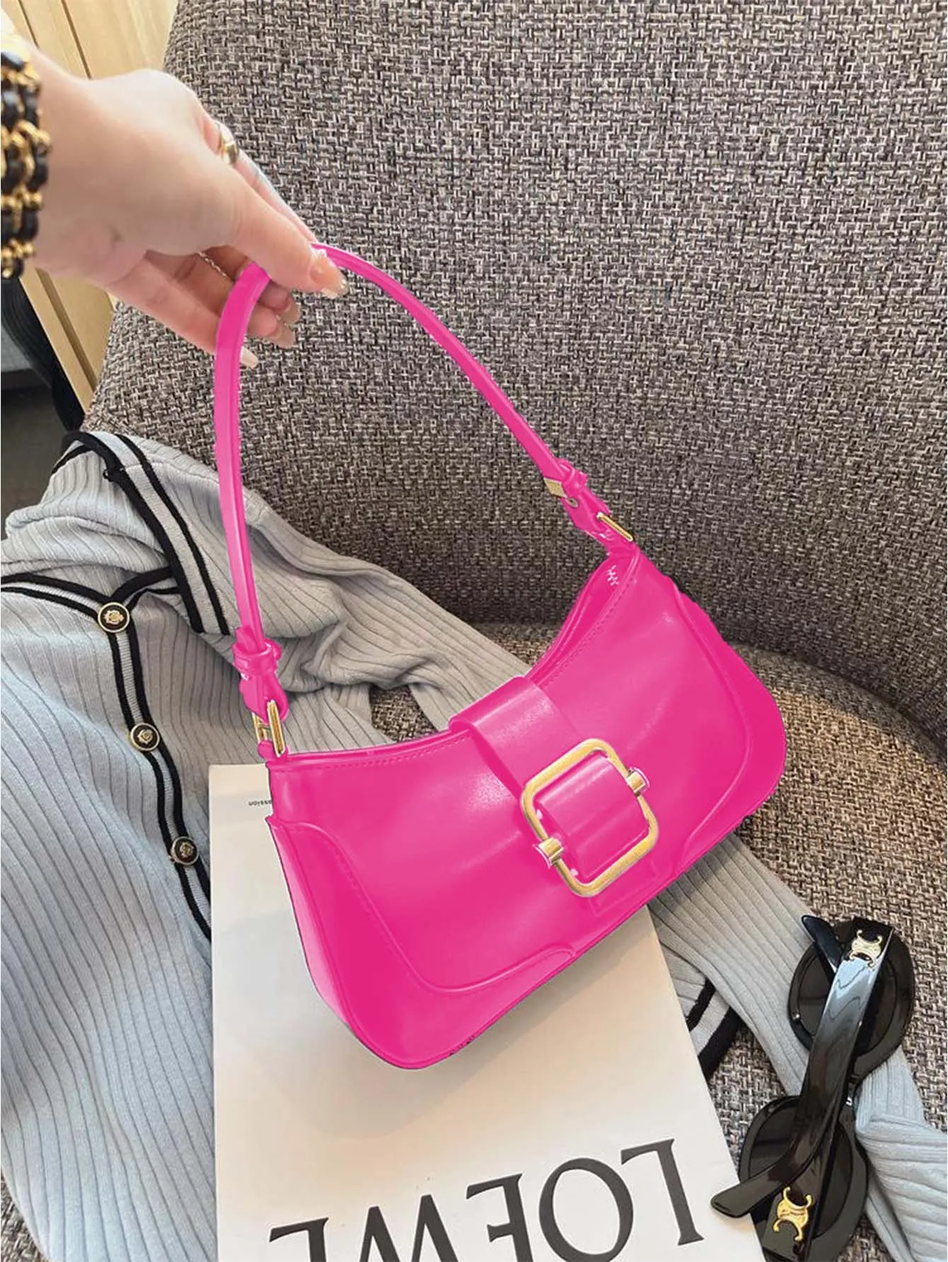 Buckle Decor Baguette Bag - Hot Pink - FD ⚡