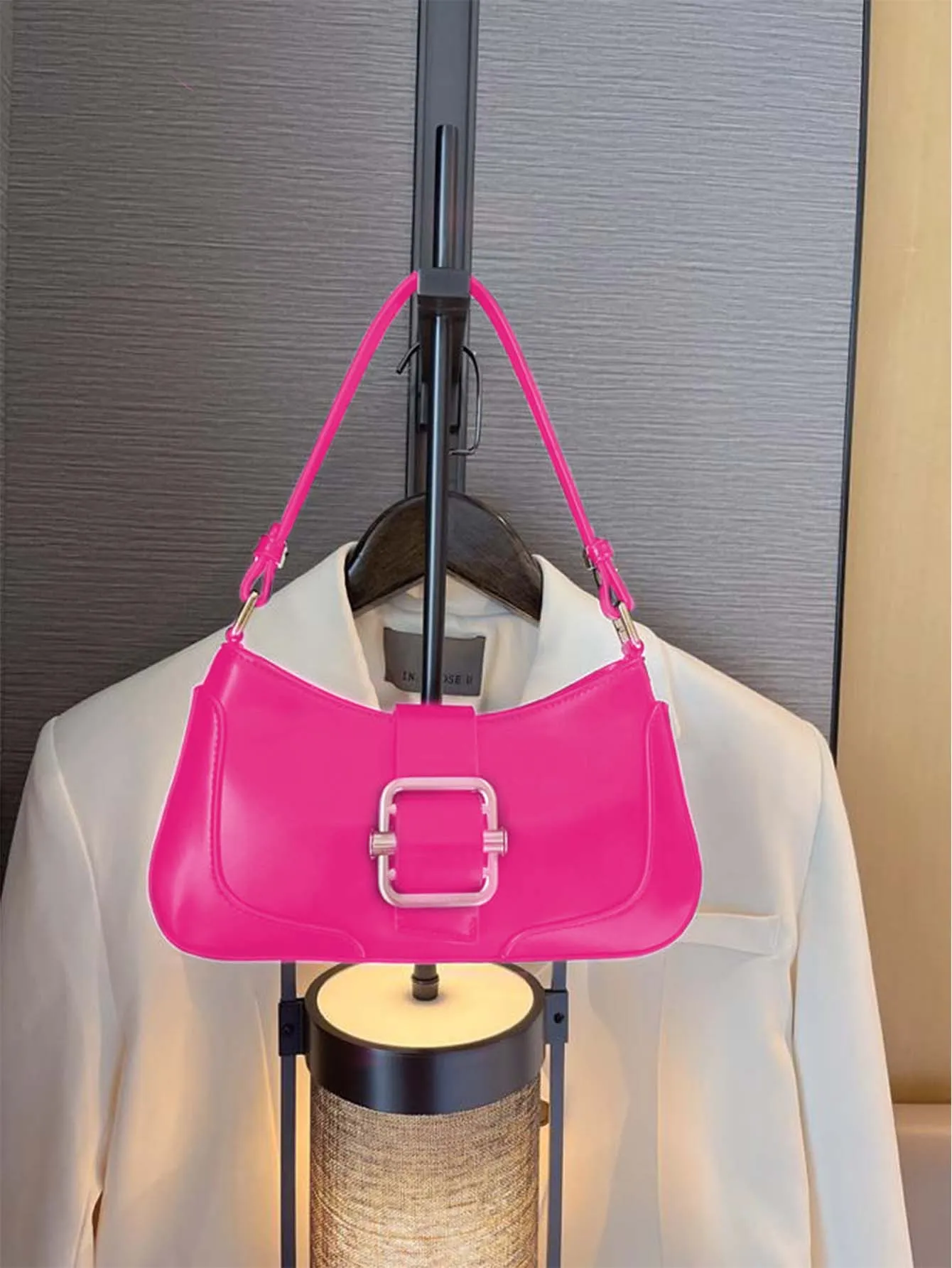 Buckle Decor Baguette Bag - Hot Pink - FD ⚡