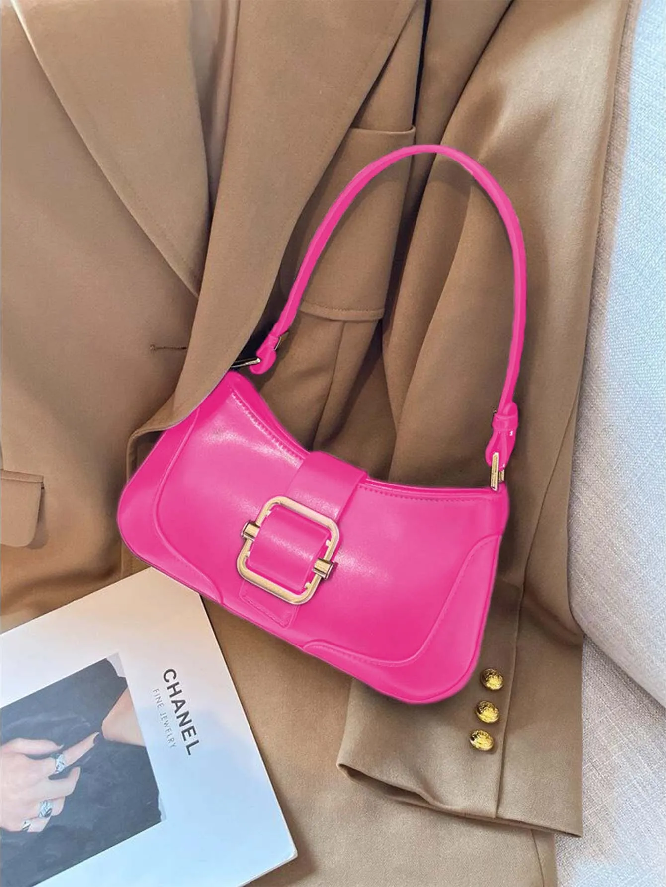 Buckle Decor Baguette Bag - Hot Pink - FD ⚡