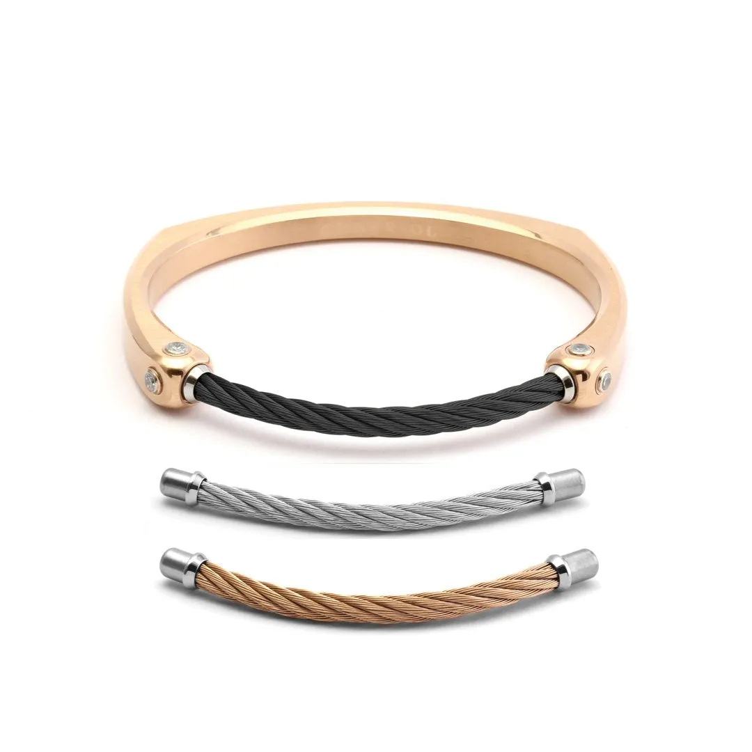 Chameleon Rock, Stainless steel rose gold PVD bangle with White Topaz and Stainless steel black PVD cable (3.5mm), White Topaz, 2.5mm, Stainless steel cable (3.5mm), and Stainless steel rose gold PVD cable (3.5mm)