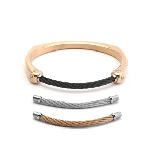 Chameleon Rock, Stainless steel rose gold PVD bangle with White Topaz and Stainless steel black PVD cable (3.5mm), White Topaz, 2.5mm, Stainless steel cable (3.5mm), and Stainless steel rose gold PVD cable (3.5mm)