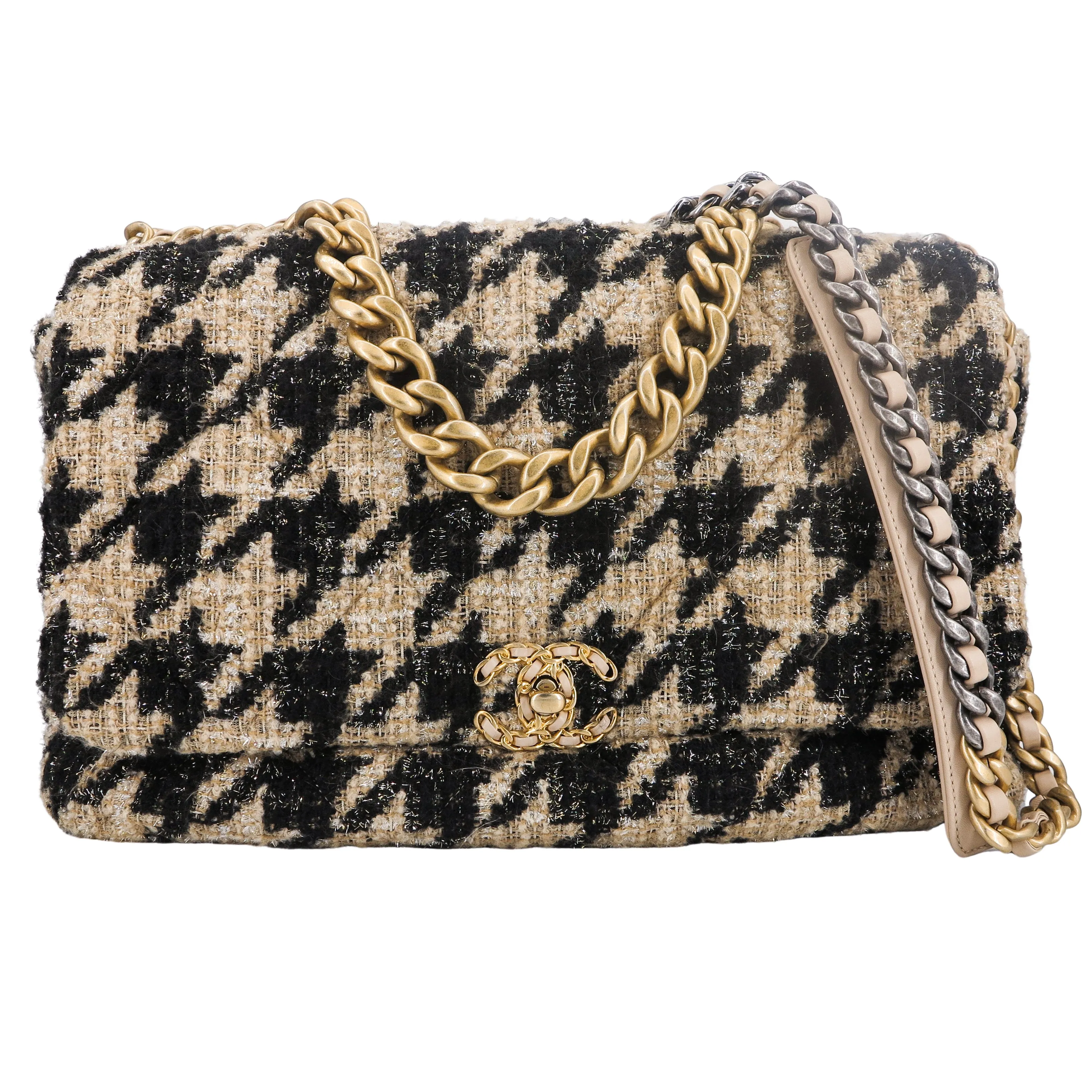 CHANEL 19 Maxi Flap Bag in 19K Beige Black Houndstooth Tweed