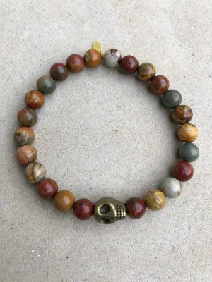 Copper Skull on Terra-cotta Jasper Bracelet ~ Homme