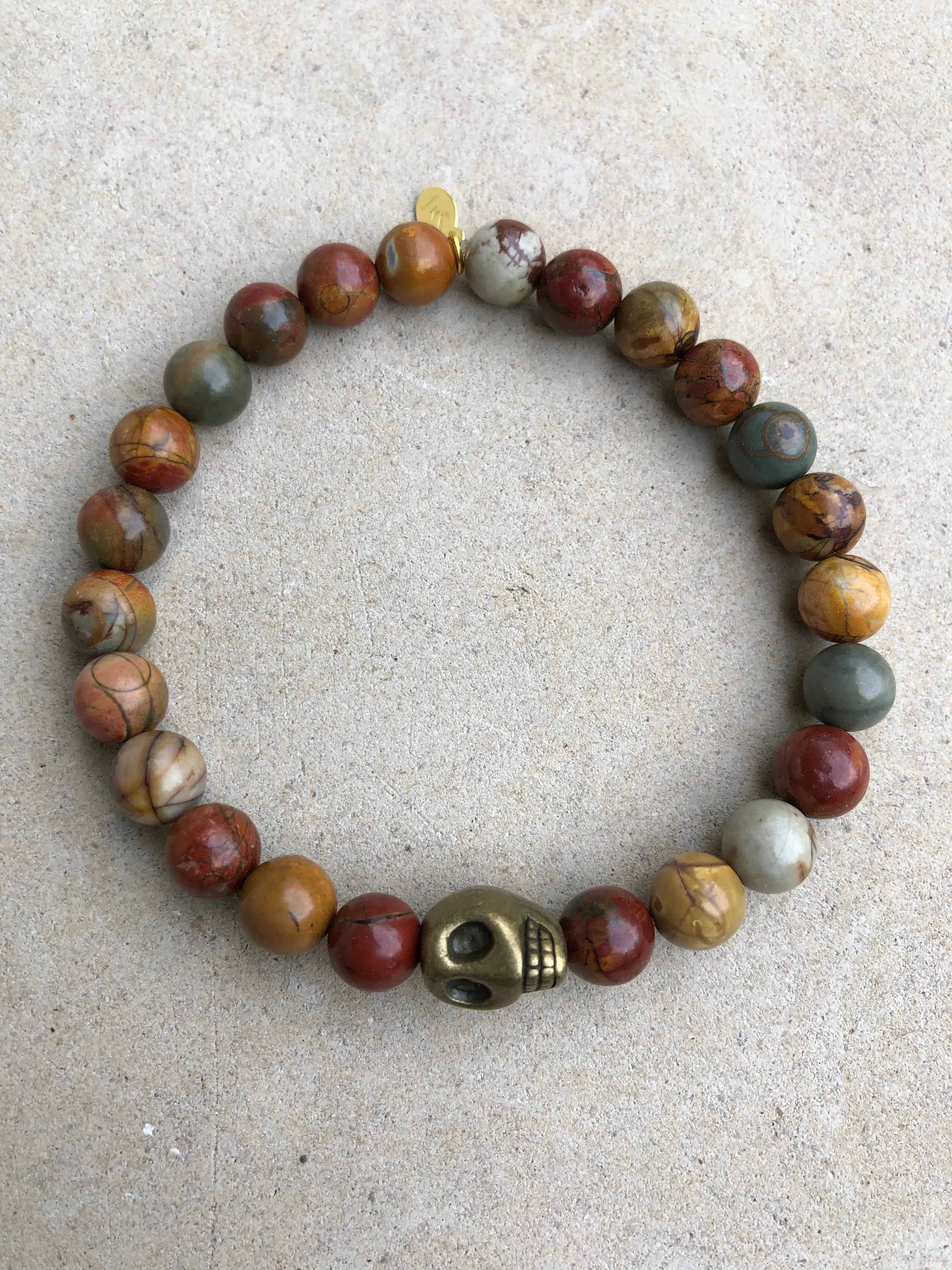 Copper Skull on Terra-cotta Jasper Bracelet ~ Homme