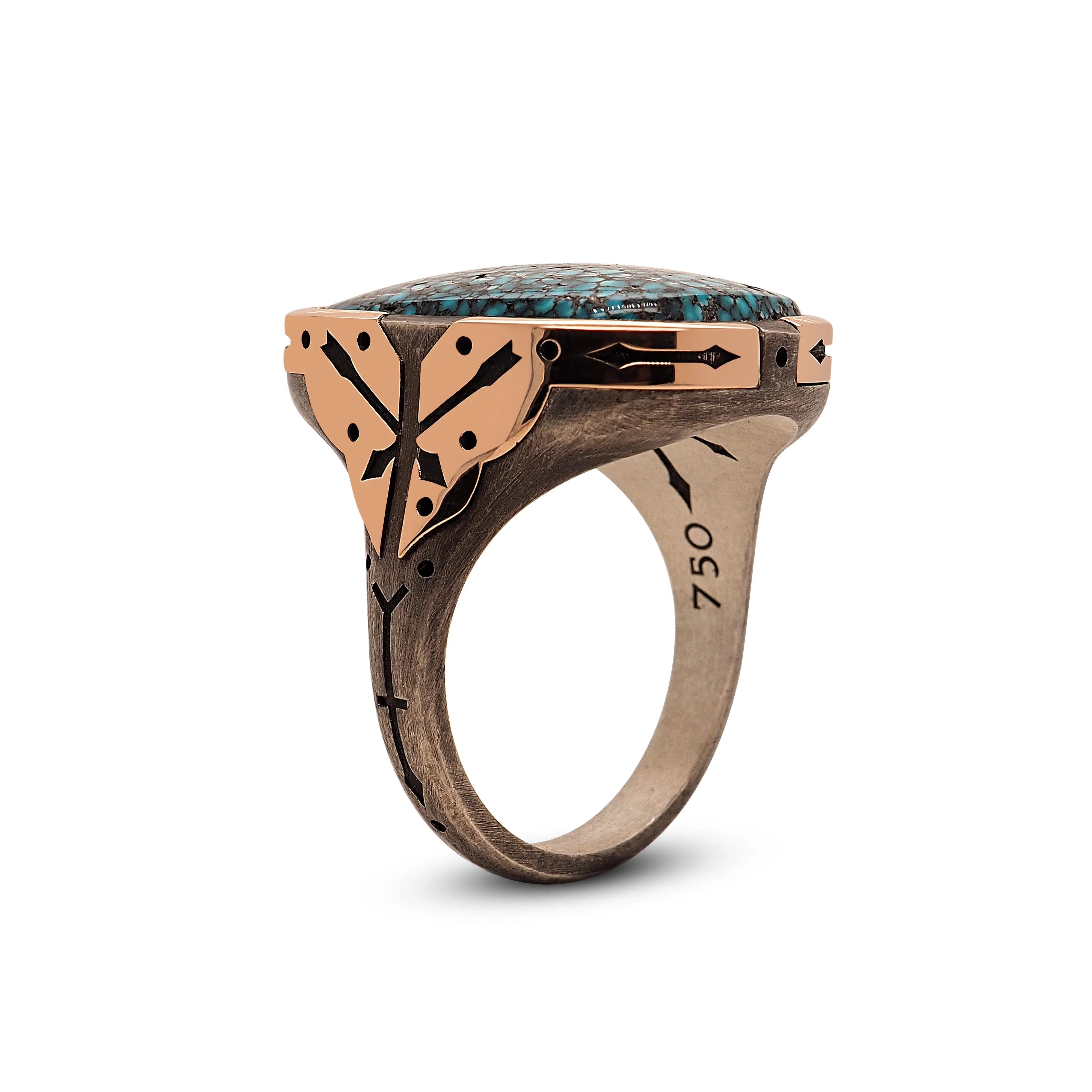 Cross-Arrow Ring / Kingman Turquoise - 18ct rose gold - Oxidized Silver
