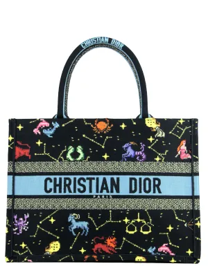 Dior 2022 Black Multicolor Dior Pixel Zodiac Embroidery Small Book Tote Bag