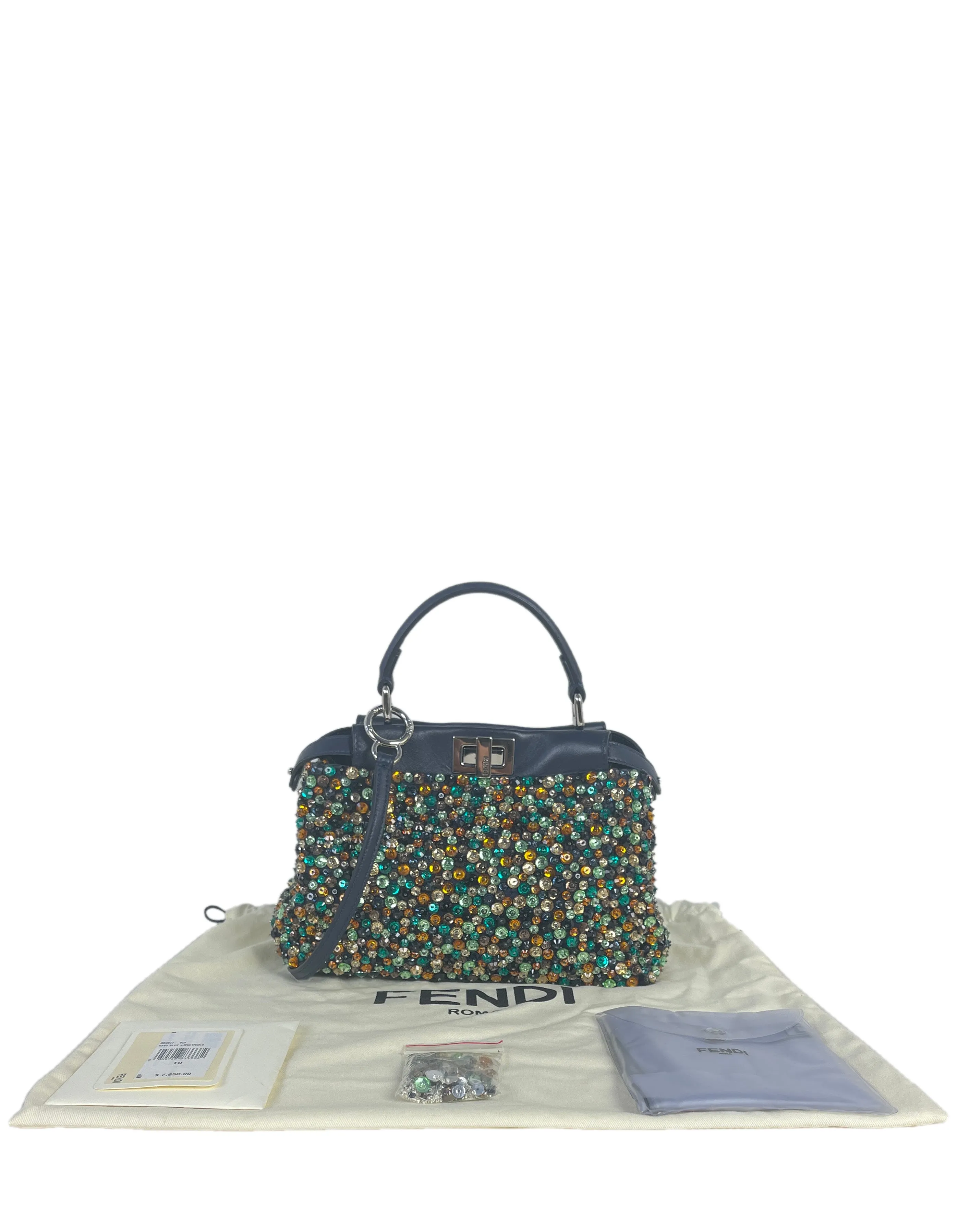 Fendi Navy Leather Mini Peekaboo Crossbody w/ Multicolor Jewels