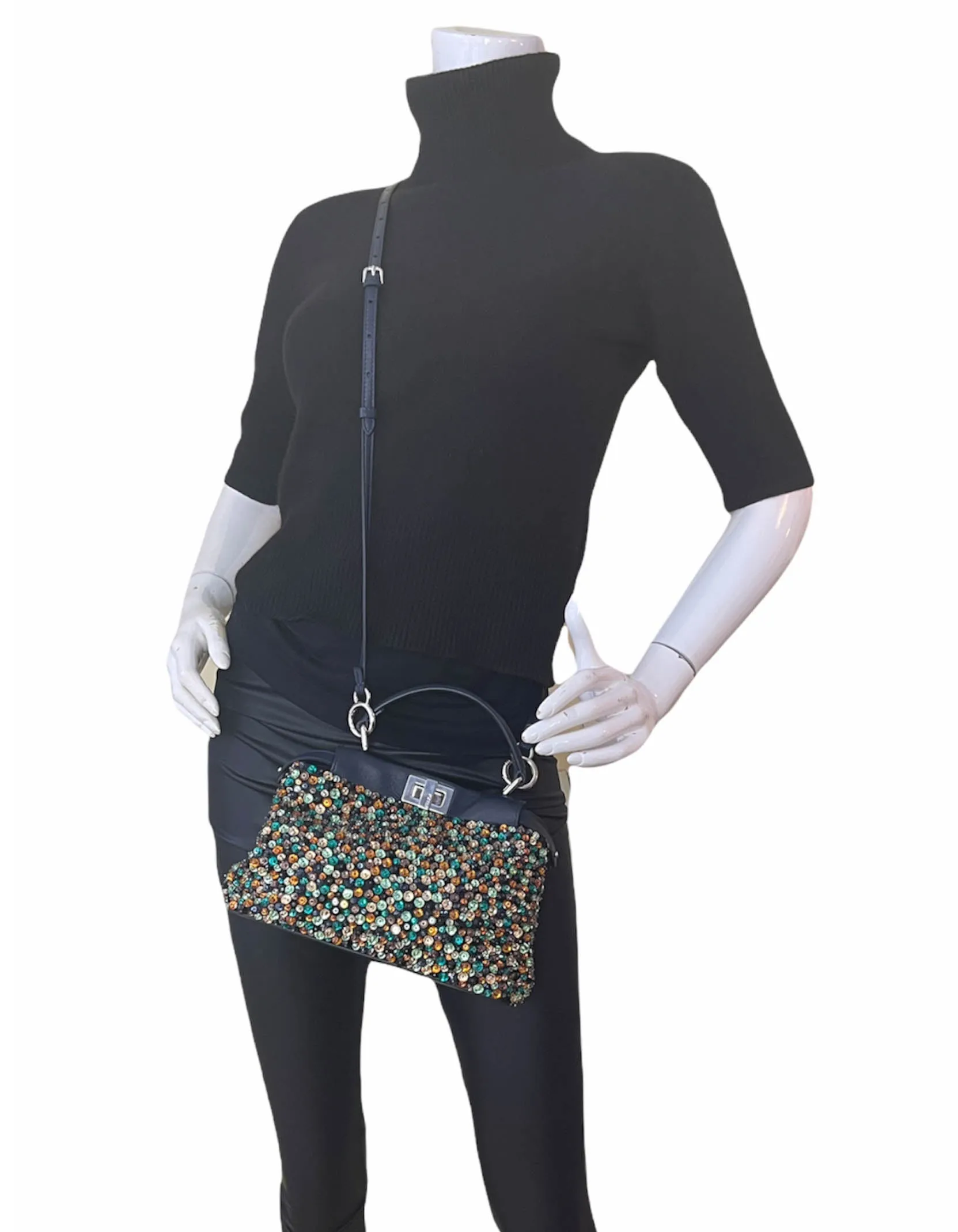 Fendi Navy Leather Mini Peekaboo Crossbody w/ Multicolor Jewels