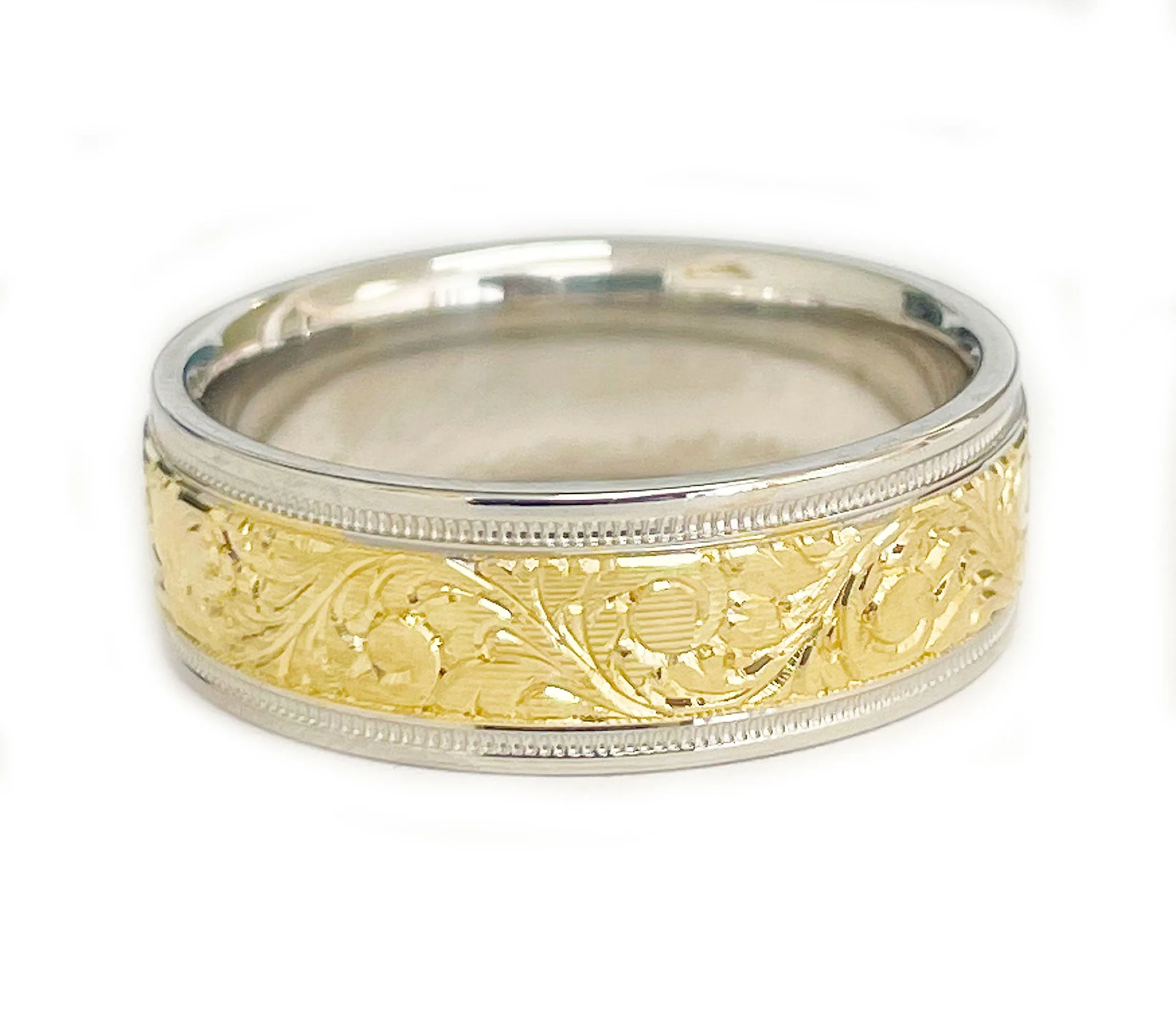 Hand Carved 14K Solid And Heavy White And Yellow Gold Men's Band Ring, Wedding Band Carved Edging 7mm