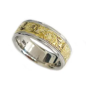 Hand Carved 14K Solid And Heavy White And Yellow Gold Men's Band Ring, Wedding Band Carved Edging 7mm