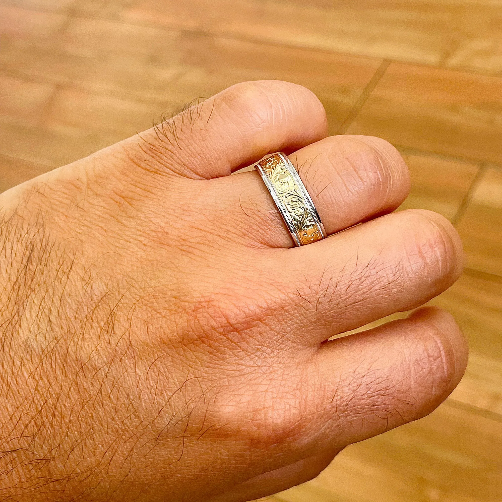 Hand Carved 14K Solid And Heavy White And Yellow Gold Men's Band Ring, Wedding Band Carved Edging 7mm