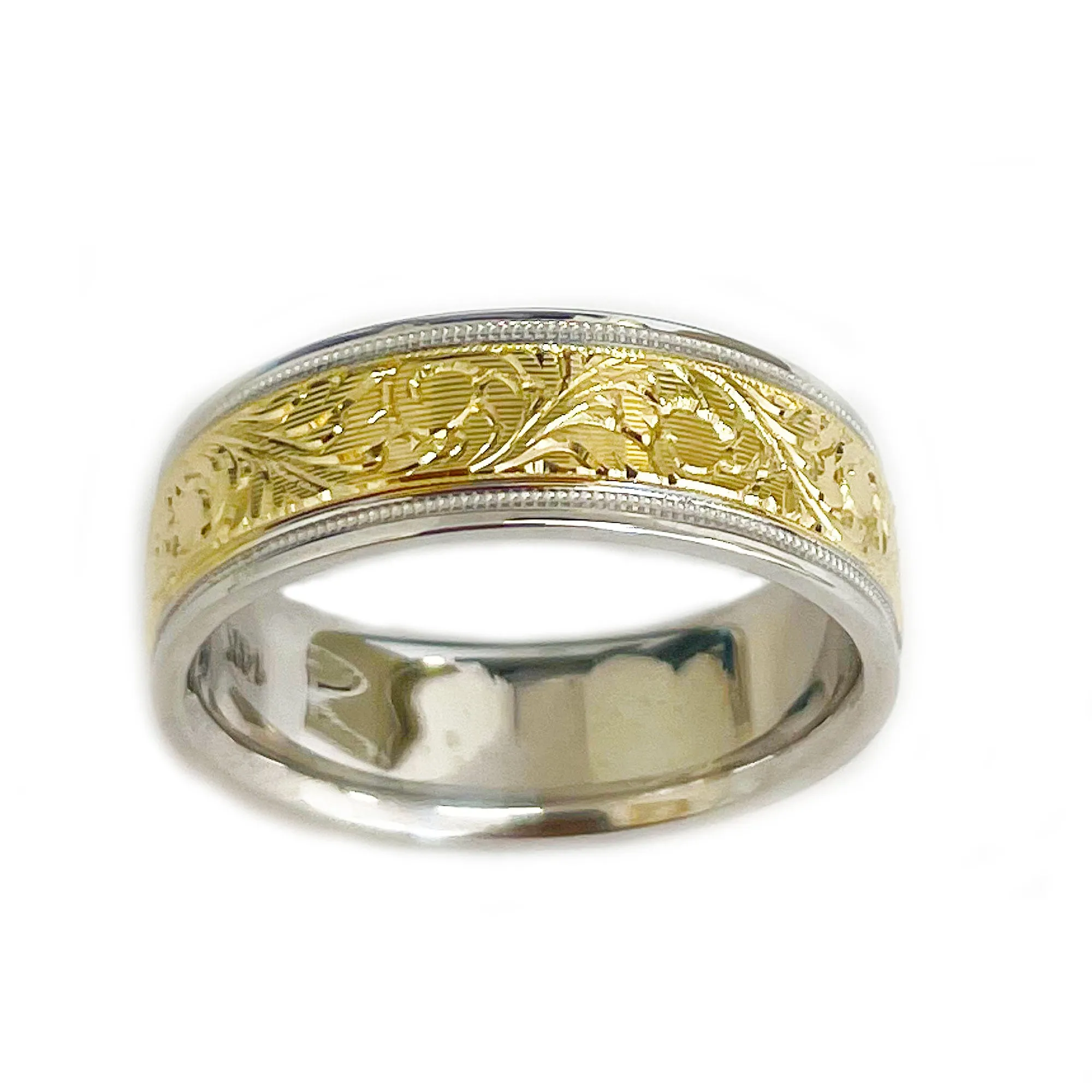 Hand Carved 14K Solid And Heavy White And Yellow Gold Men's Band Ring, Wedding Band Carved Edging 7mm