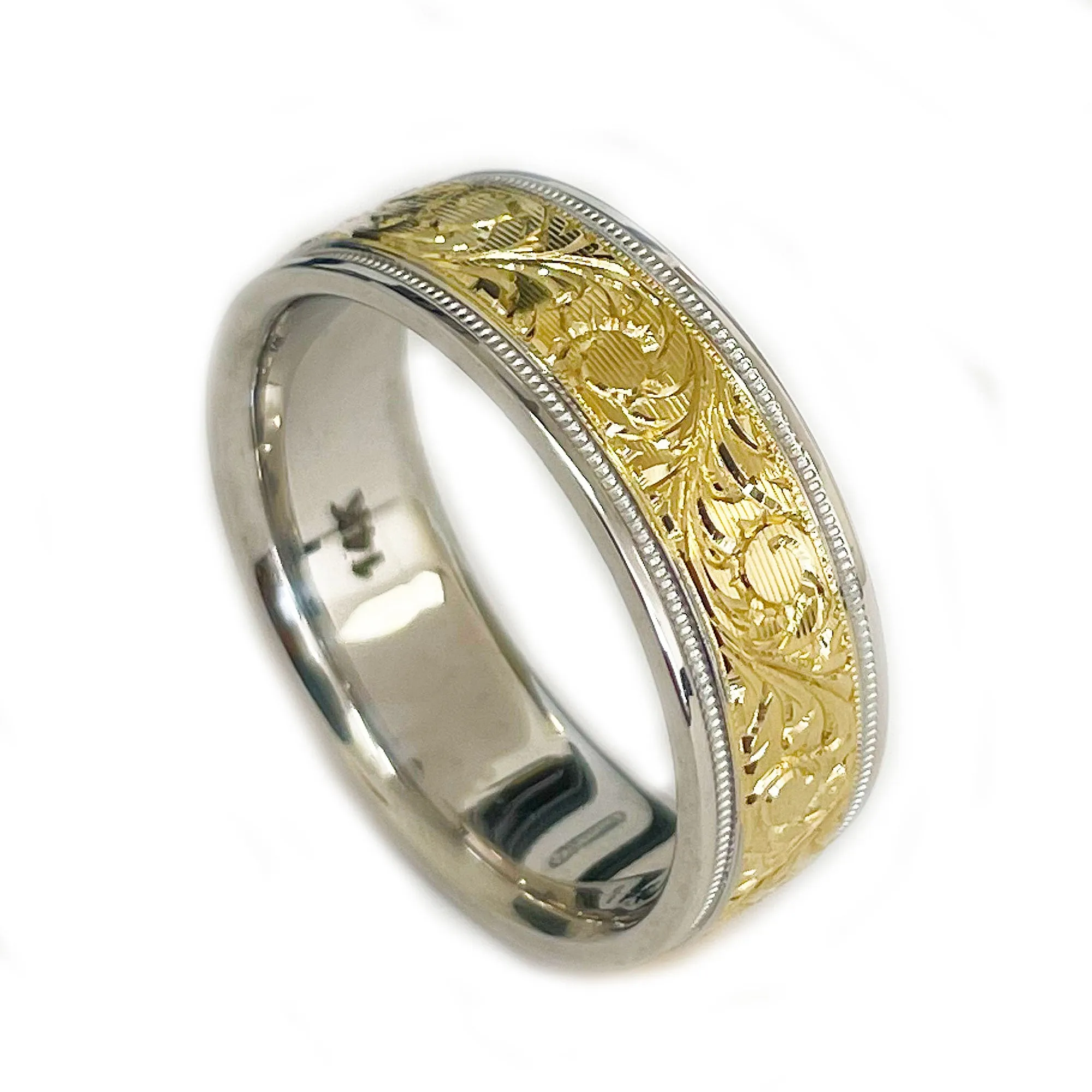 Hand Carved 14K Solid And Heavy White And Yellow Gold Men's Band Ring, Wedding Band Carved Edging 7mm
