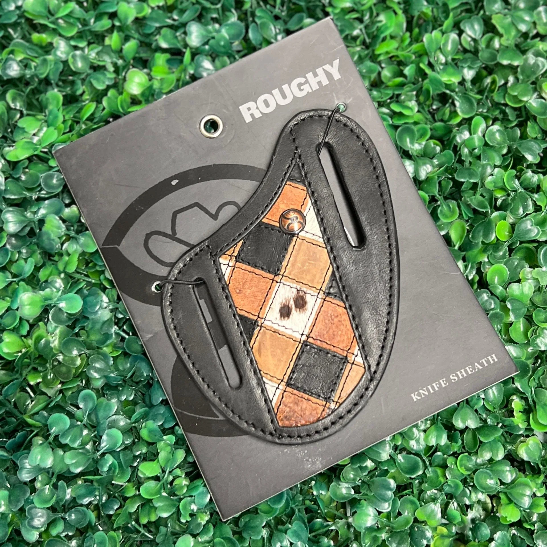 HOOEY  "SMACKDOWN" PANCAKE KNIFE SHEATH TAN /BLACK PATCHWORK
