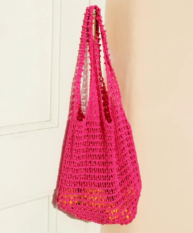 Karma Wooden Beads Crochet Bag in Dragon Fruit Pink