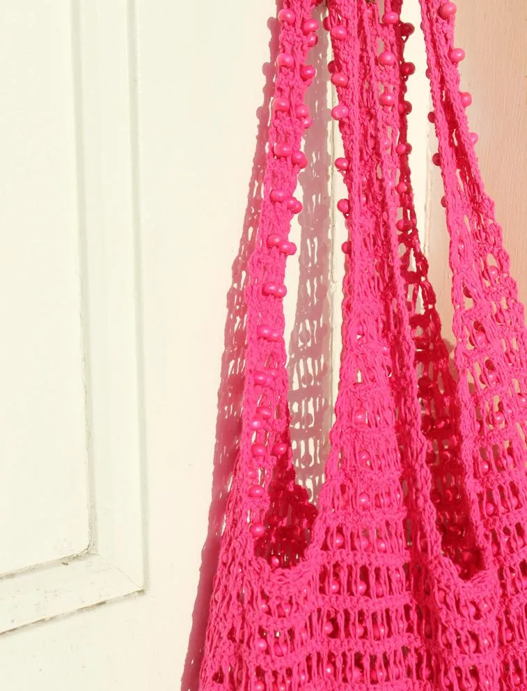 Karma Wooden Beads Crochet Bag in Dragon Fruit Pink