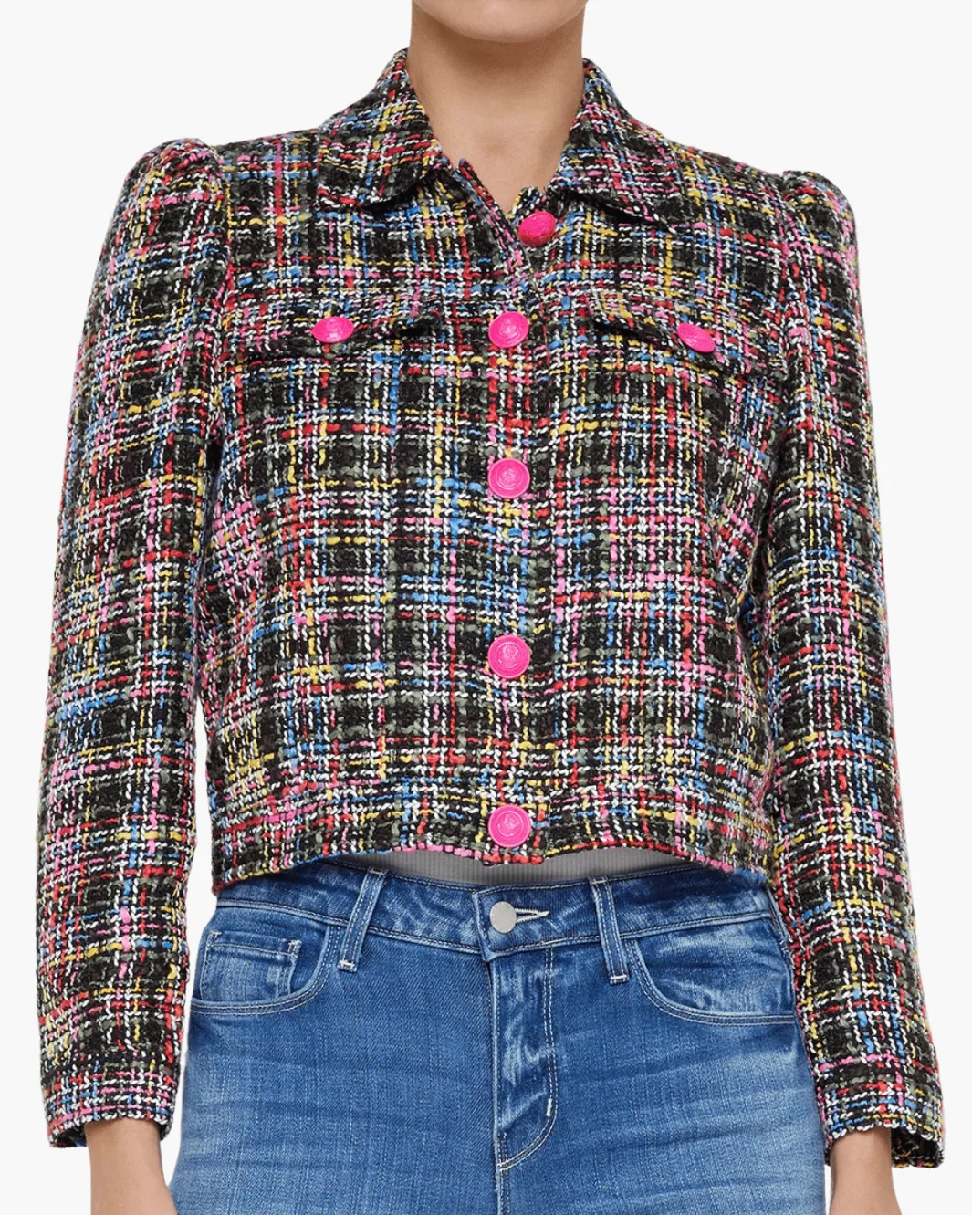 KASEY BRACELET SLEEVE JACKET IN BLACK MULTI COLORFUL TWEED