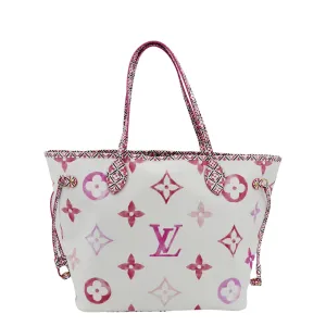 LOUIS VUITTON Giant Rose Neverfull MM Monogram Canvas Shoulder Bag White