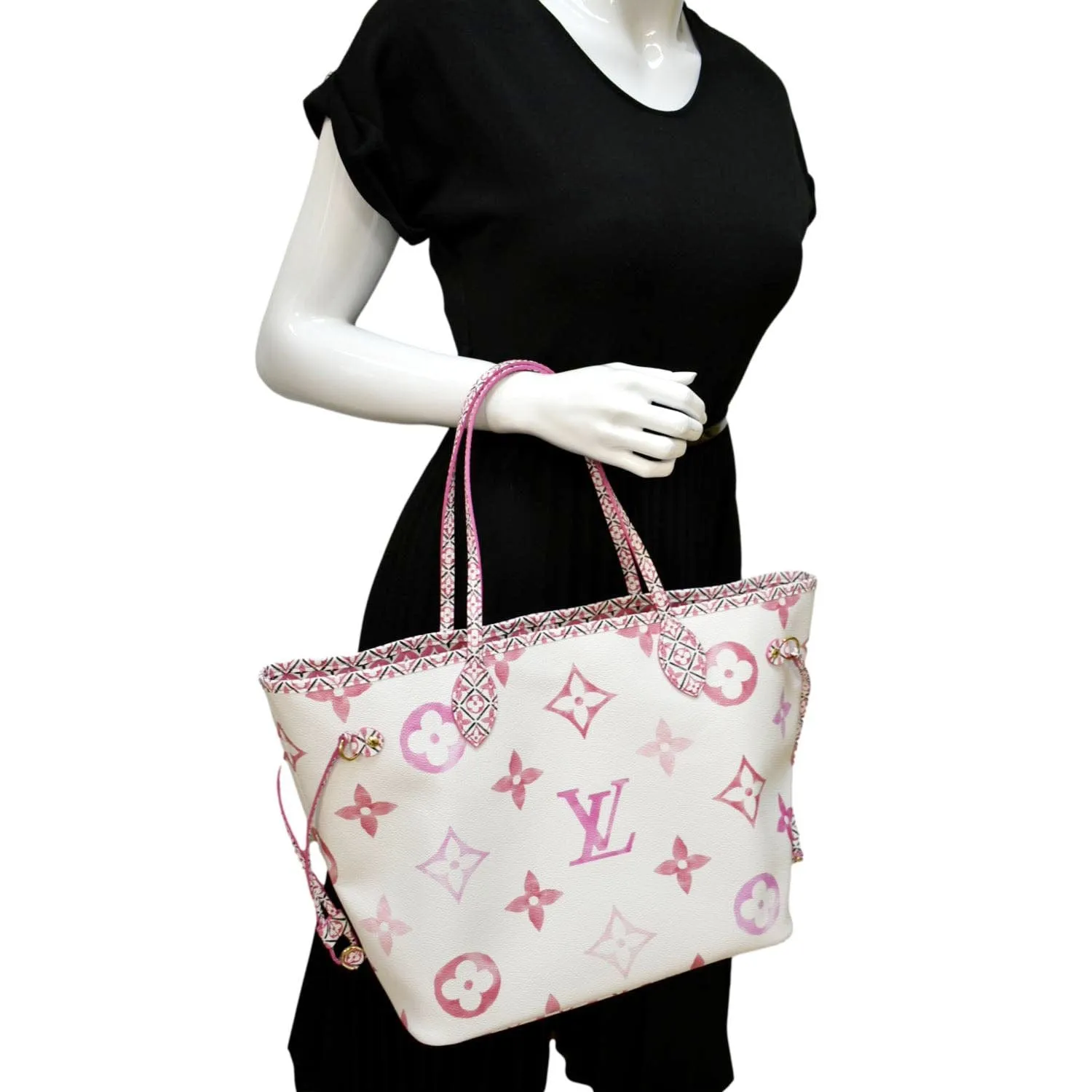 LOUIS VUITTON Giant Rose Neverfull MM Monogram Canvas Shoulder Bag White