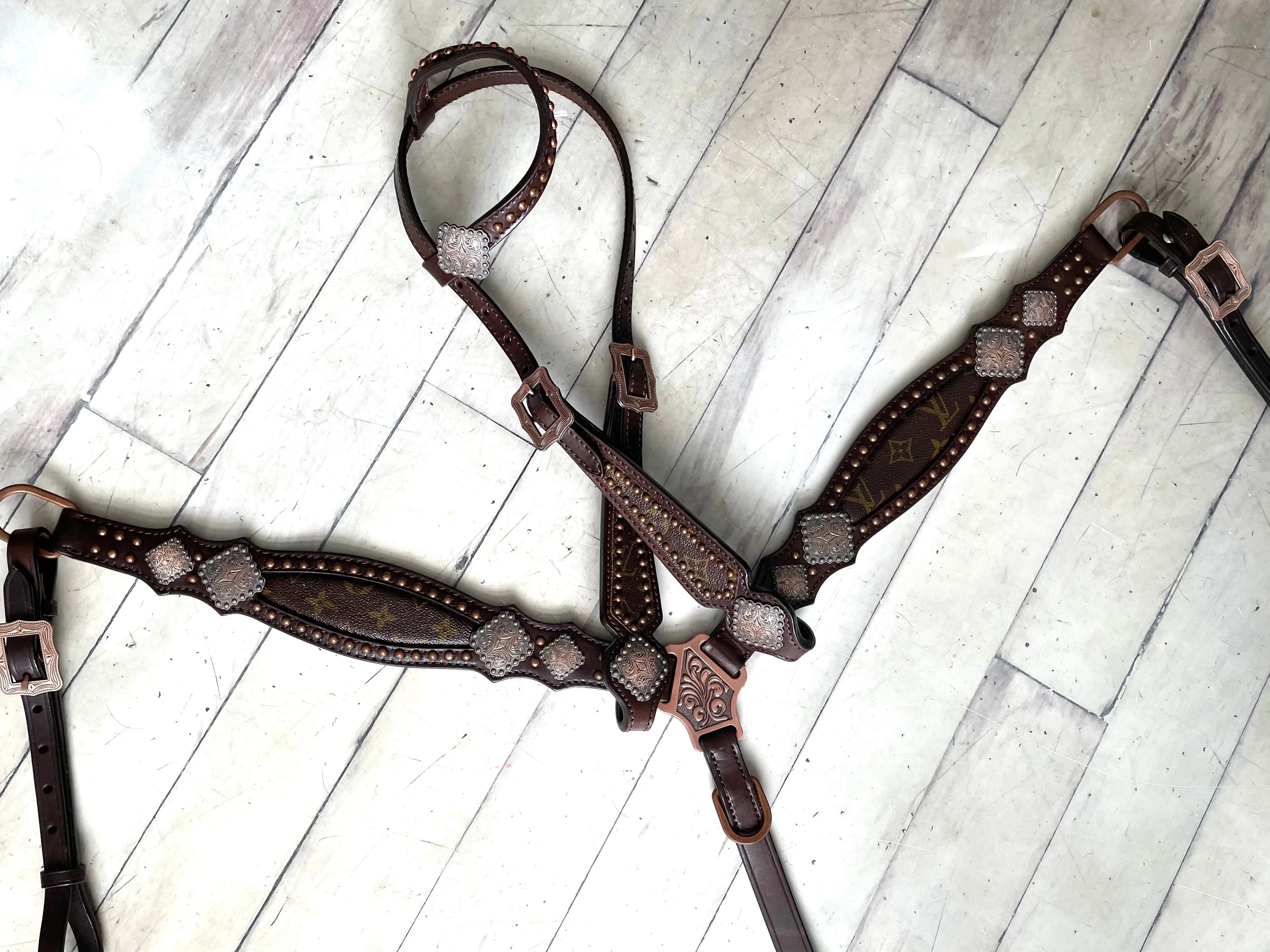 LV Repurposed Dark Copper Concho Brown Leather Tack Set