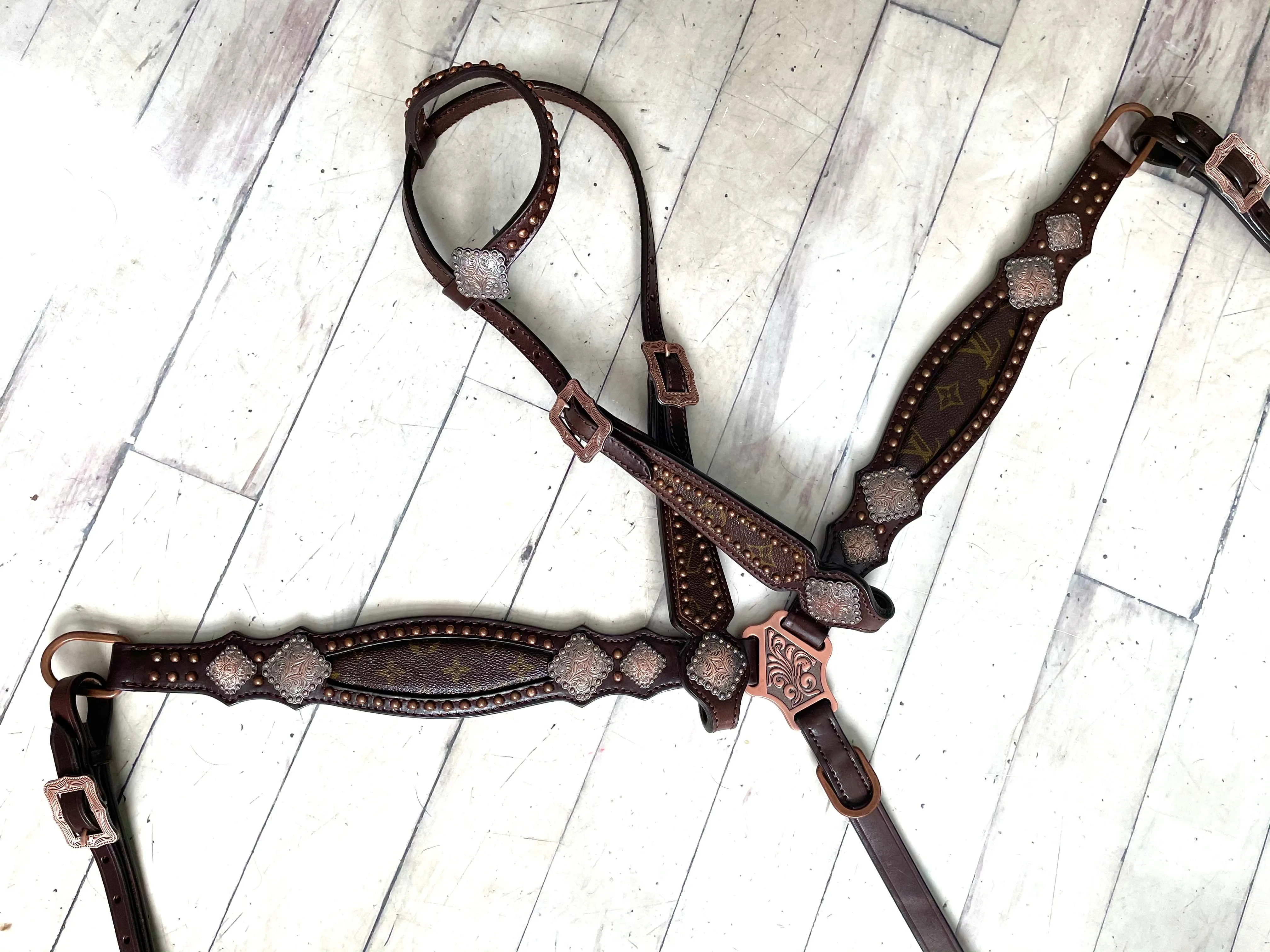 LV Repurposed Dark Copper Concho Brown Leather Tack Set