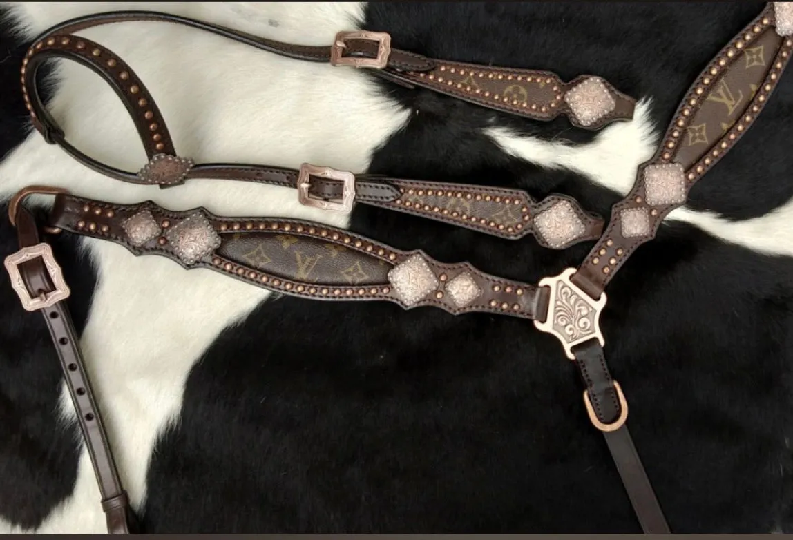 LV Repurposed Dark Copper Concho Brown Leather Tack Set