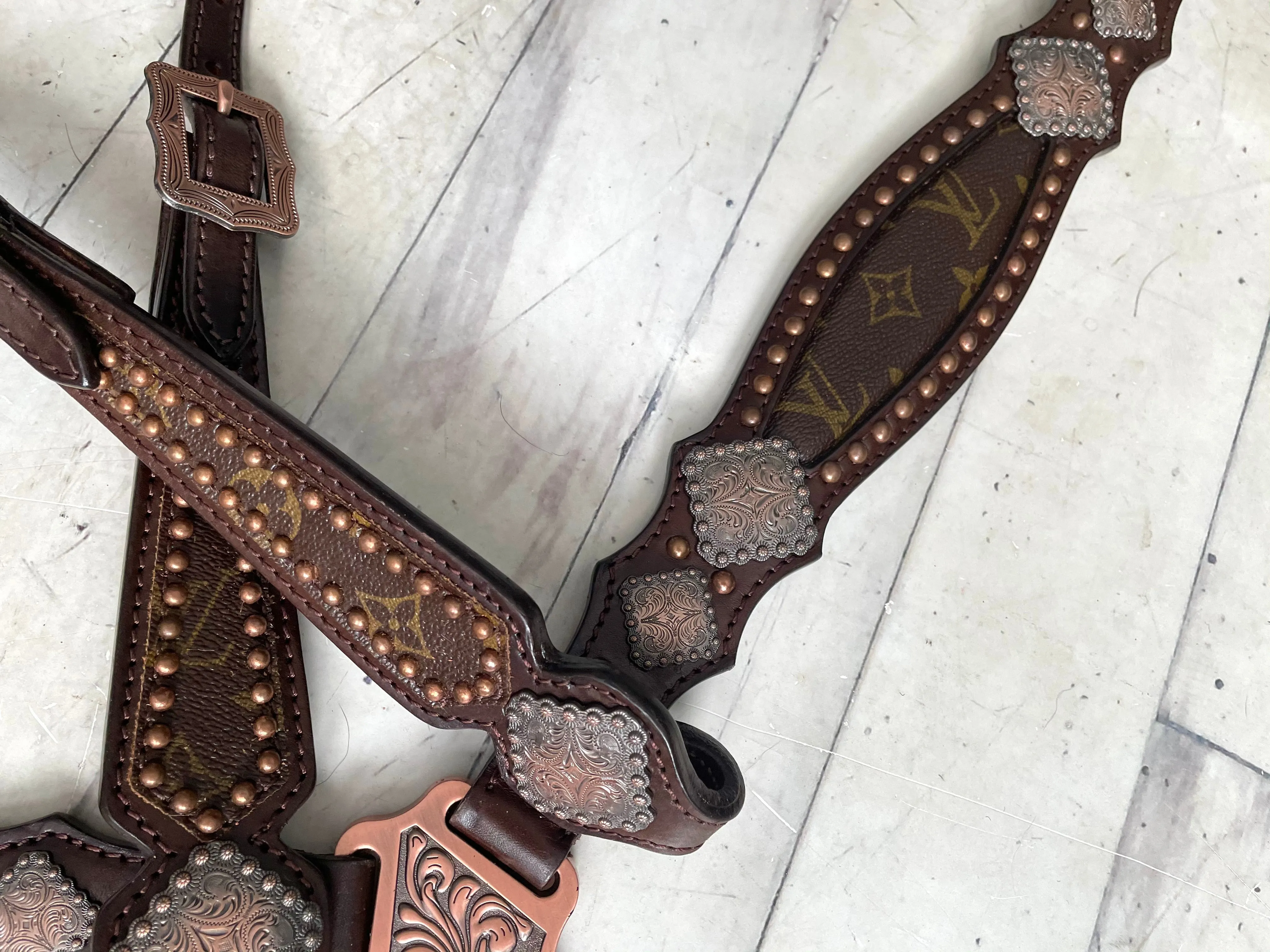 LV Repurposed Dark Copper Concho Brown Leather Tack Set