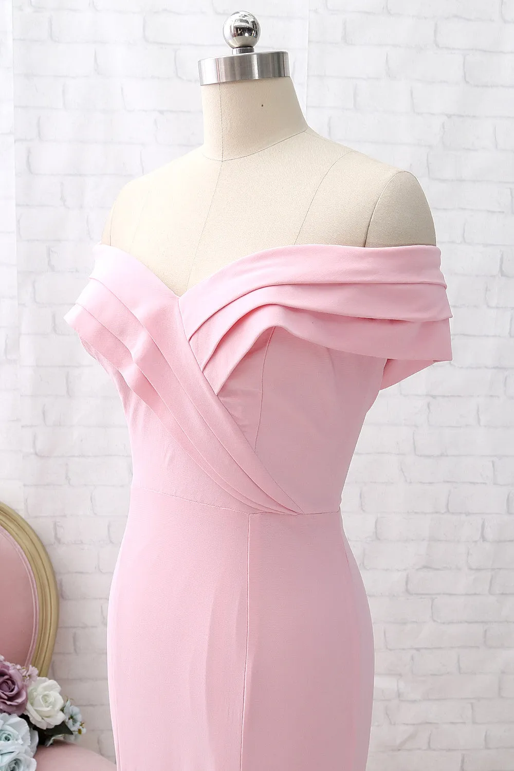 MACloth Off the Shoulder Jersey Pink Prom Dress Mermaid Formal Evening Gown with Slit