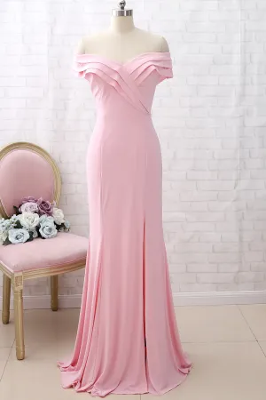 MACloth Off the Shoulder Jersey Pink Prom Dress Mermaid Formal Evening Gown with Slit