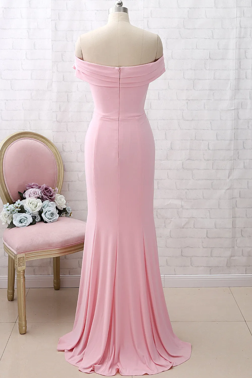 MACloth Off the Shoulder Jersey Pink Prom Dress Mermaid Formal Evening Gown with Slit