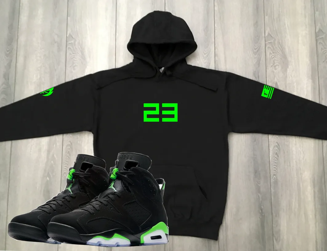 Men's 23 Graphic Black Sneaker Hoodie Inspired by Air Jordan 6 Electric Green